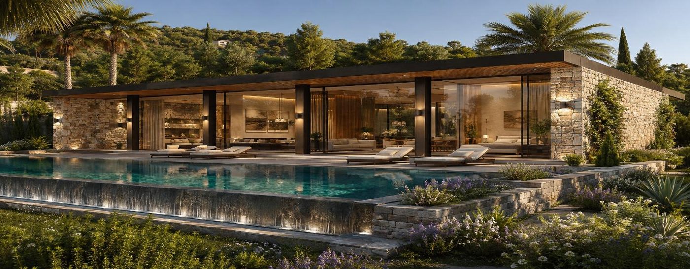Contemporary FLOW villa with pool at dusk