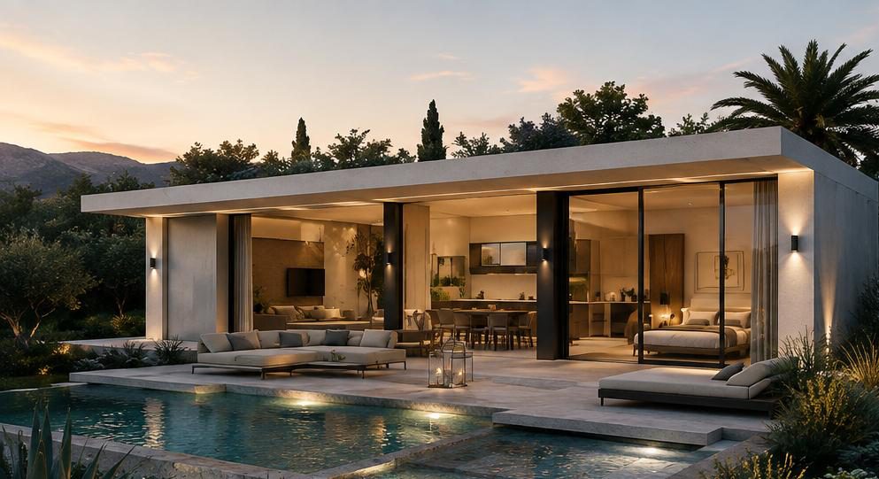 FLOW home open to garden and pool at twilight