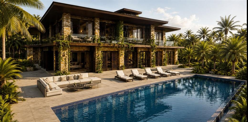 Timber-and-stone FLOW residence by the pool