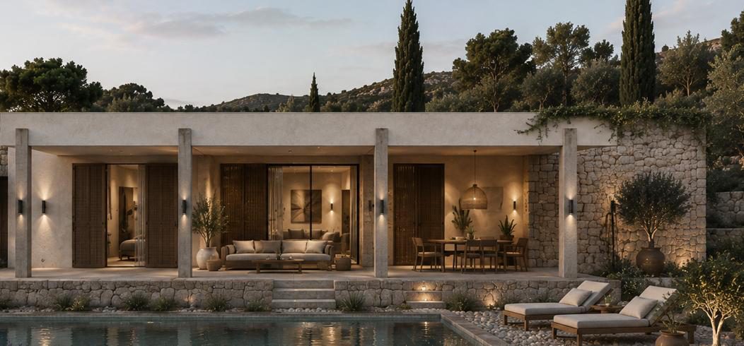Modern FLOW villa at dusk