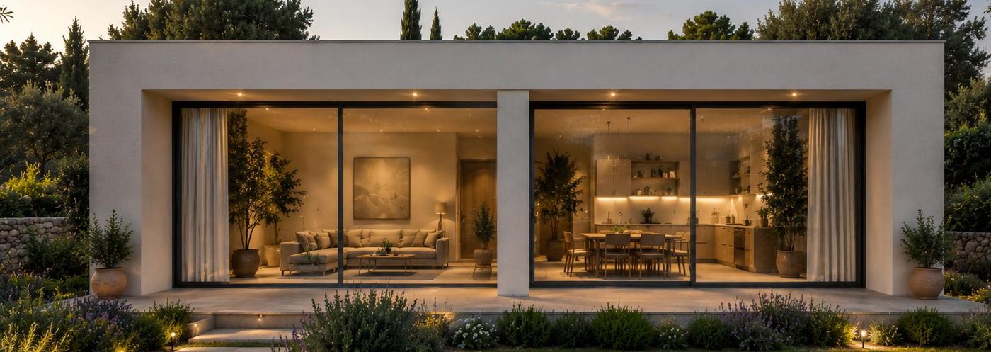 Mediterranean FLOW home glowing at evening