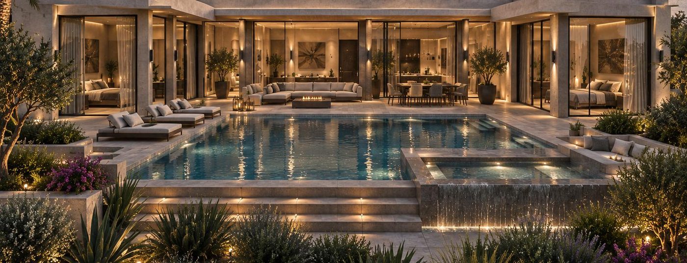 FLOW modular villa interior-exterior at night